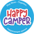 Round logo for 'Happy Camper' with text 'Play More - Together.' and website 'happycamper.games' on a blue background.